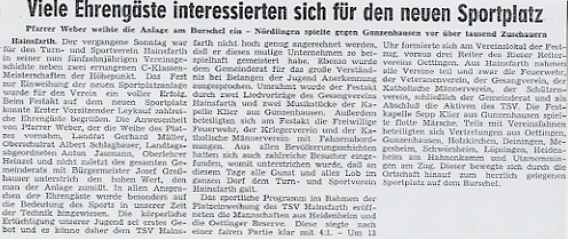 Zeitungsbericht zur Einweihung des neuen Sportplatzes